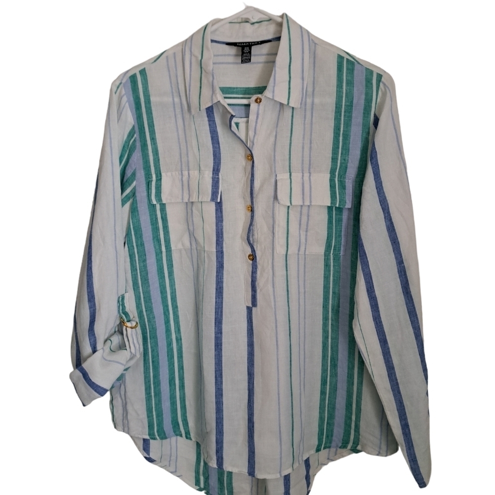 ELLEN TRACY Linen tunic blouse STRIPED coastal beachy lightweight long sleeve M